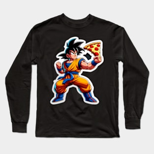 Goku striking a heroic pose with a pizza Long Sleeve T-Shirt